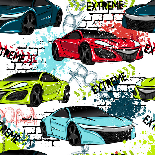 Abstract seamless pattern with sport cars. Bright background with grunge elements for textiles, children's clothes, prints. Pattern for boys