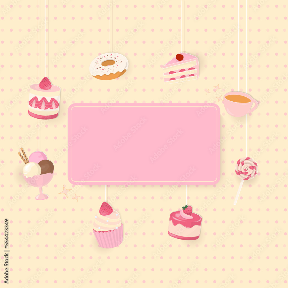 Bakery around pink banner on polka dot background Bakery around pink banner on polka dot background