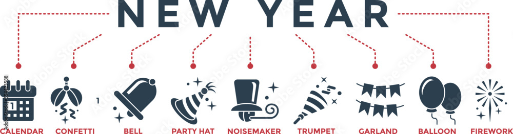 new year banner web icon vector illustration for celebration of happy new year festival with icons of calendar, confetti, christmas bell, party hat, noisemaker, trumpet, garland, balloon and firework new year banner web icon vector illustration for celebration of happy new year festival with icons of calendar, confetti, christmas bell, party hat, noisemaker, trumpet, garland, balloon and firework