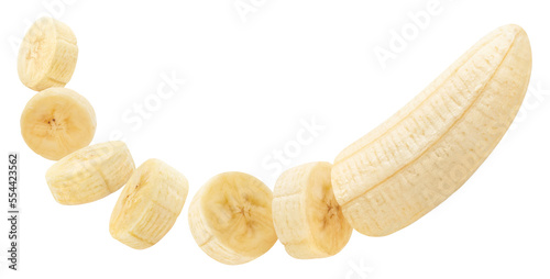 Cut banana flying, isolated on white background