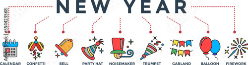 new year banner web icon vector illustration for celebration of happy new year festival with icons of calendar, confetti, christmas bell, party hat, noisemaker, trumpet, garland, balloon and firework
