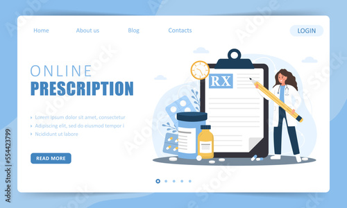 Online prescription. Landing page template. Woman doctor writing medical recipe. Diseases therapy pills. Pharmacy control. Vector illustration in flat cartoon style.