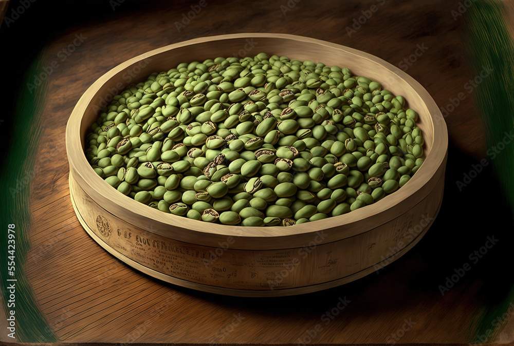 In a wooden dish, unroasted green coffee beans. Generative AI In a wooden dish, unroasted green coffee beans. Generative AI