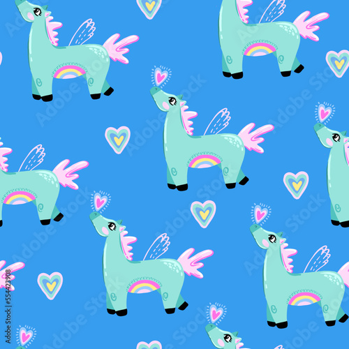 Seamless pattern with magical horse and hearts. Background for kids  clothes  accessories  textile  fabric  wrapping paper and other design.