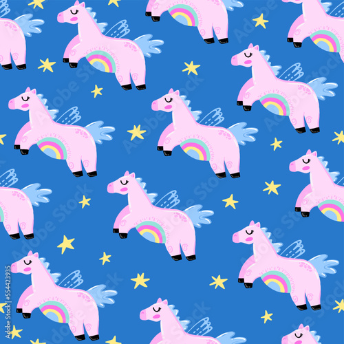 Seamless pattern with magical horse and hearts. Background for kids  clothes  accessories  textile  fabric  wrapping paper and other design.