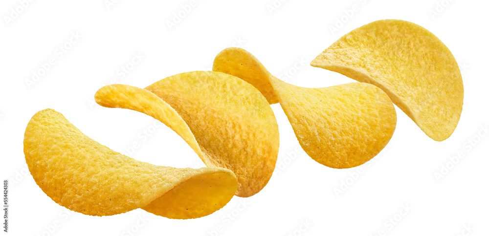 Flying chips, isolated on white background Flying chips, isolated on white background