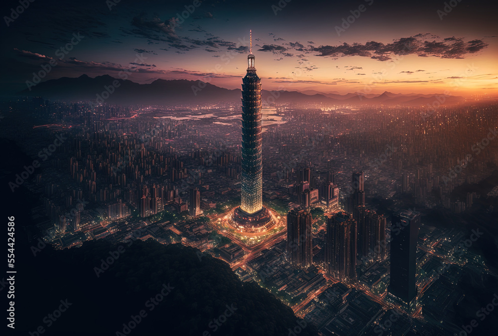 Fototapeta premium Conceptual Ai Generated Image (not actual) - Taiwan's thriving capital city, Taipei, at sunset. The 101 Tower stands out among the new skyscrapers in the Xinyi Commercial District, and the city lights