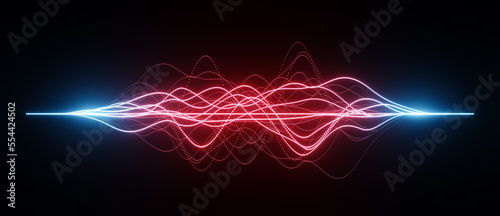 Abstract illustration of blue and red sound waves, visualization of frequency signals or audio wavelengths, futuristic technology waveform with copy space for text isolated on black background