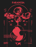 Retro futuristic poster surveillance camera with world. Print in techno style, for streetwear, print for t-shirts and sweatshirts on a black background