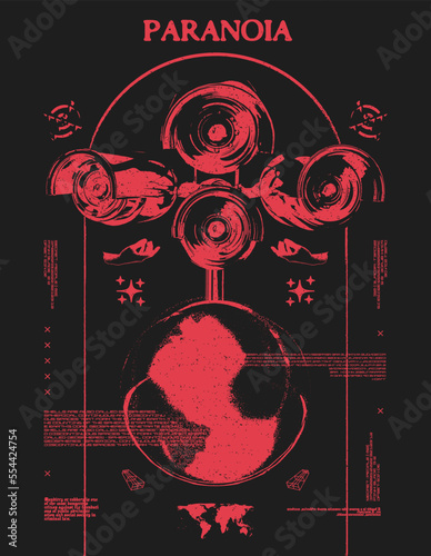 Retro futuristic poster surveillance camera with world. Print in techno style, for streetwear, print for t-shirts and sweatshirts on a black background