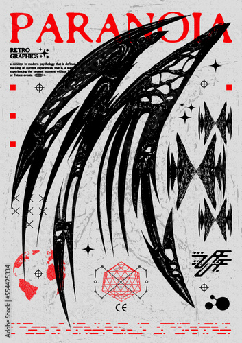 Retro futuristic poster with abstract element text "Paranoia" . In Techno style, stylish print for streetwear, print for t-shirts and hoodies, isolated on black background