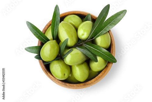 Wallpaper Mural Delicious green olives in a wooden bowl, isolated on white background Torontodigital.ca