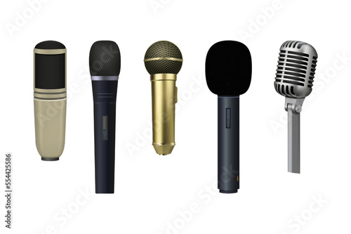 Retro mic. 3D karaoke microphone. Old radio mike. Realistic music studio singer concept. Vintage audio equipment for voice volume. Classic stereo devices set. Vector design illustration