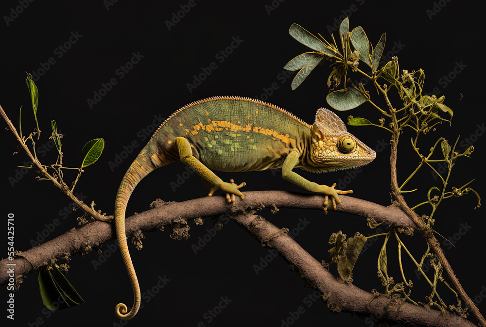 Fototapeta premium Black backdrop with a female chameleon Jackson strolling over a branch Jackson's chameleon on a branch, female. Generative AI
