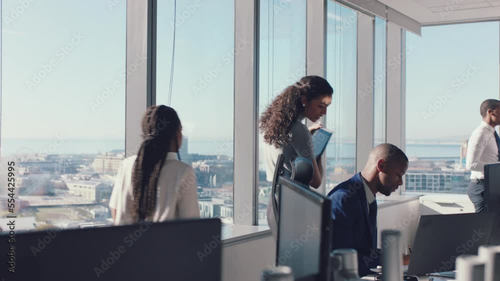 Staff, busy and business people walking in office, working in corporate, financial and modern company. Teamwork, collaboration and efficient employees with project in workplace with city background