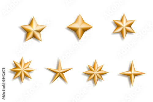 3d Christmas stars, realistic gold icons. Golden decoration elements different forms, realistic metal starburst, various shapes asterisk. Holiday celebration glitter. Vector isolated set