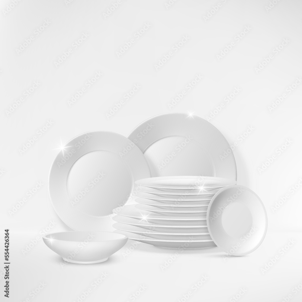 Clean dishes. Plates stacks. Kitchen crockery. Wash porcelain tableware