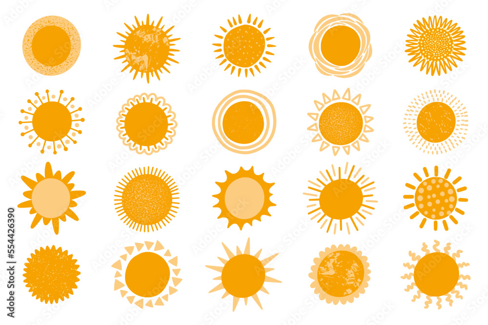 Sketch doodle sun, cute icons set. Hand drawn brush logo, happy summer scribble style isolated elements, sunny morning. Childish drawing sunshine objects. Vector cartoon graphic Sketch doodle sun, cute icons set. Hand drawn brush logo, happy summer scribble style isolated elements, sunny morning. Childish drawing sunshine objects. Vector cartoon graphic