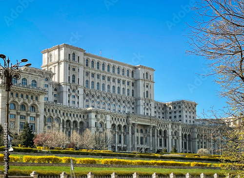 The Palace of the Parliament, Bucharest, Romania –exterior facade on a sunny day. This colossal building is the second-largest administrative building in the world after the Pentagon.