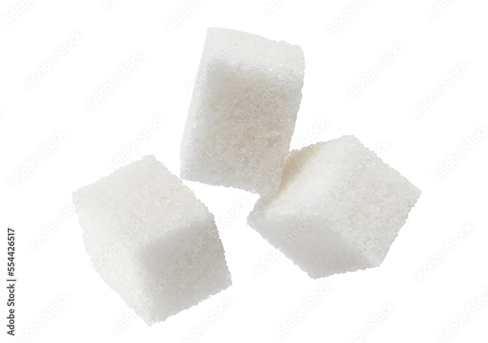 Flying sugar cubes, isolated on white background