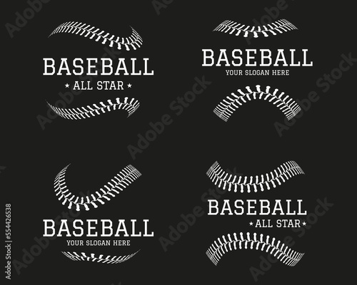 Softball logotype set, baseball logo, ball icons. Sport league graphic design, base leather, american game team. White elements on black background. Curve stitches pattern, vector illustration
