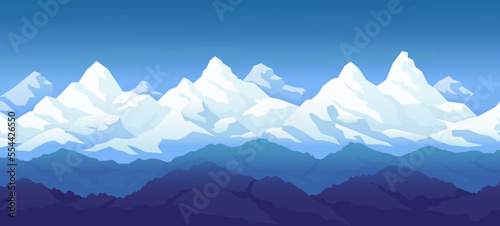 Snow mountains range, rocky silhouette. Peak landscape, climbing in ice, winter hiking shapes. High snowy blue peaks, ski adventure, horizontal banner. Vector panorama background