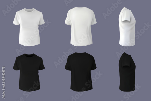 Black, white blank t-shirt realistic mockup. Front and back sides, sport long sleeve shirt for print, view of men clothes different angles view. Promotional elements. Vector design template