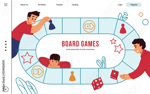 Family game board, playing landing page. Business people fun, happy man hand team, success education. Happy people with dice and chips. Vector cartoon flat illustration banner template