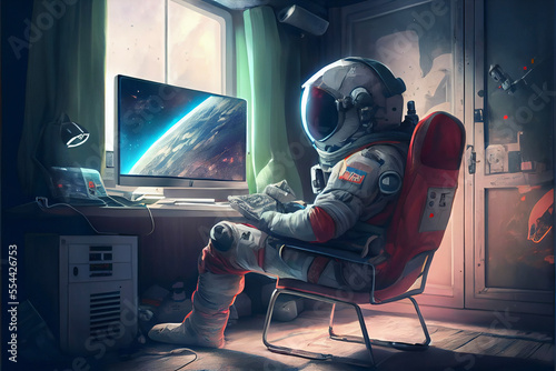 Fotografija Generative AI illustration of cosmonaut in spacesuit sitting on chair near desk
