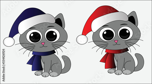 Set of cute  Christmas cat cartoon clip art .cats with charismas hat and scarf