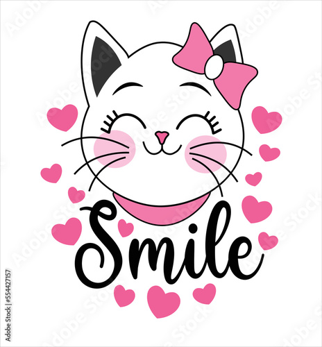 Cute cat girl say smile. Graphic element for kids, greeting card, cover, poster and t-shirt. Vector illustration