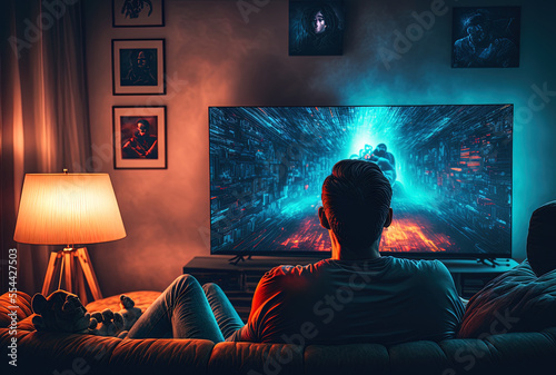 Smart TV online movie streaming service. TV on demand video (VOD) service and streaming series. Man using a remote to select a movie to watch. Late at night, a person is seated on their couch at home