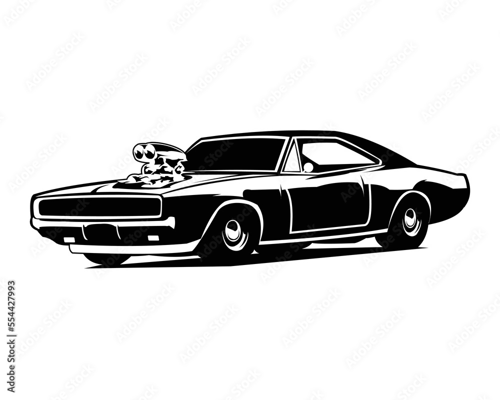 dodge charger car silhouette isolated white background showing from side. Best for logos, badges, emblems and old challenger car industry.