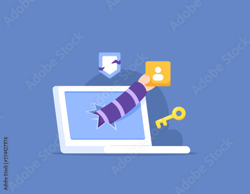 device hacking, password cracking, and security system breaches. a thief's hand breaks a laptop screen to steal personal data and files. concept illustration design. graphic elements