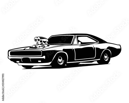 dodge charger car silhouette isolated white background showing from side. Best for logos, badges, emblems and old challenger car industry.
