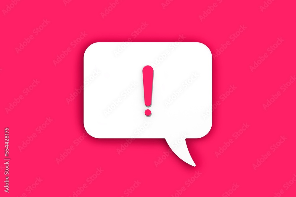 red exclamation mark on a white message board. Alarm signal in the phone. Danger alert. Message on a red background. Horizontal image. 3D image. 3D rendering. red exclamation mark on a white message board. Alarm signal in the phone. Danger alert. Message on a red background. Horizontal image. 3D image. 3D rendering.