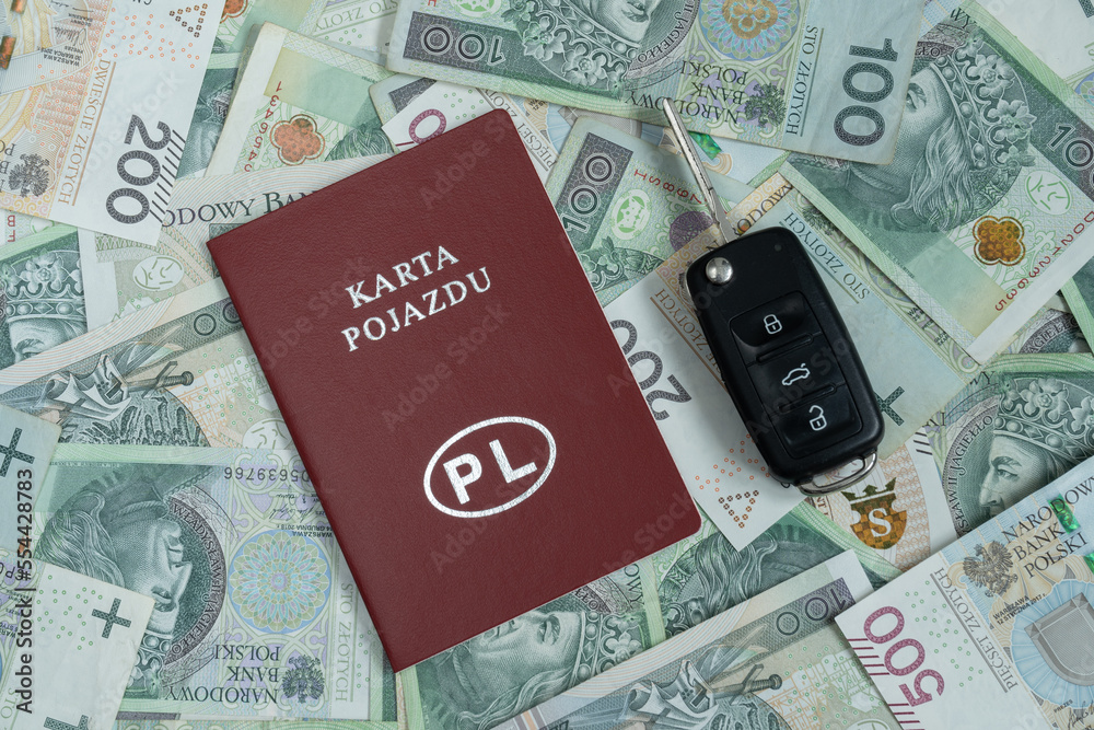 Fotka „Vehicle licence card in Poland, car keys and złoty money, PLN