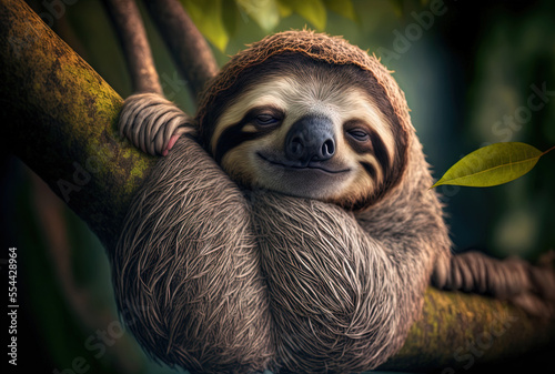 Funny sloth snoozing on a tree hammock. Generative AI
