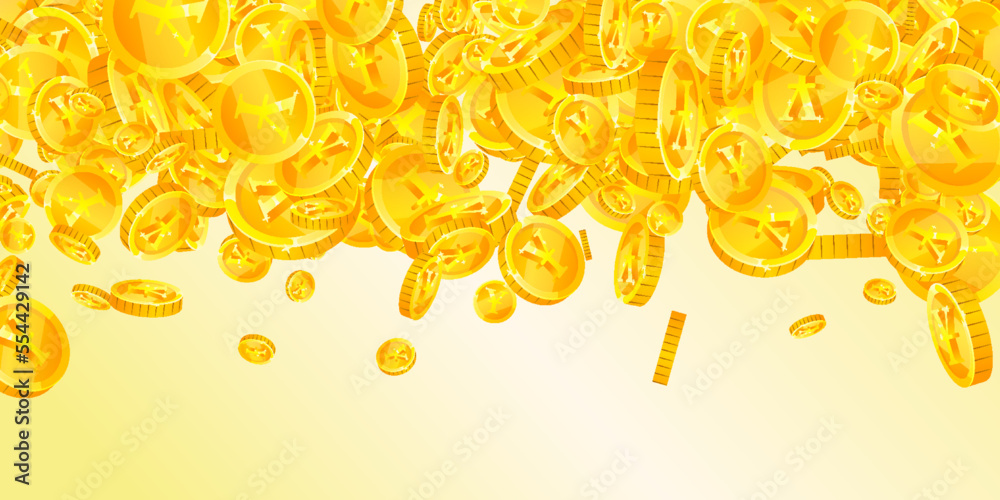Obraz premium Japanese yen coins falling. Scattered gold JPY