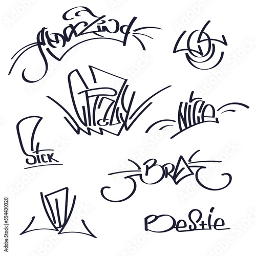 Street graffiti grunge style tag lettering set. Inscriptions, words, phrases. Amezing, lol, bro, crazy, bestie, nice, sick. Trendy vector set hand drawn isolated illustration.  