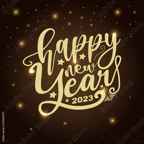 Happy New Year 2023. Holiday Vector Illustration. Shiny Lettering Composition With Stars And Sparkles.