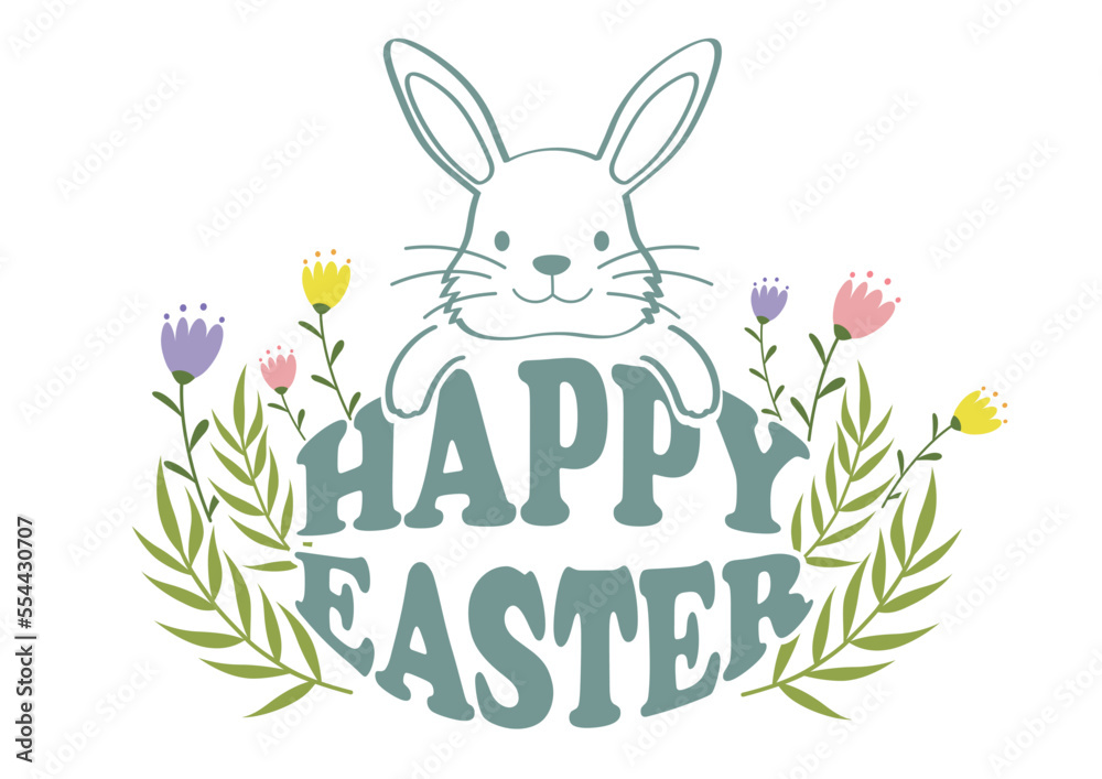 Happy Easter Vector Colorful Symbol Logo With A Cartoonish Easter Bunny Isolated On A White Background. 