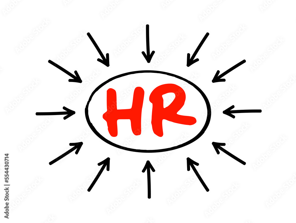 HR Human Resources - set of people who make up the workforce of an organization, business sector, industry, or economy, acronym text concept with arrows HR Human Resources - set of people who make up the workforce of an organization, business sector, industry, or economy, acronym text concept with arrows