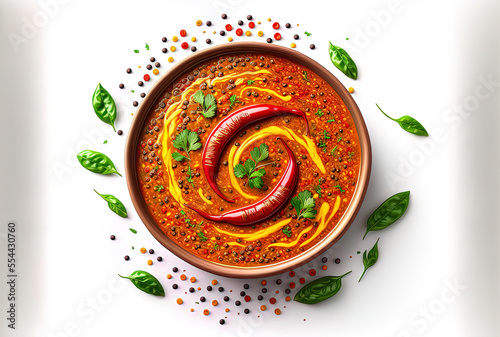 Spicy lentil dahl soup bowl, a vegan and vegetarian cuisine. Indian food, a hot dal dish with masala, isolated on a white background. restaurant food top view of eastern local cuisine. Generative AI photo