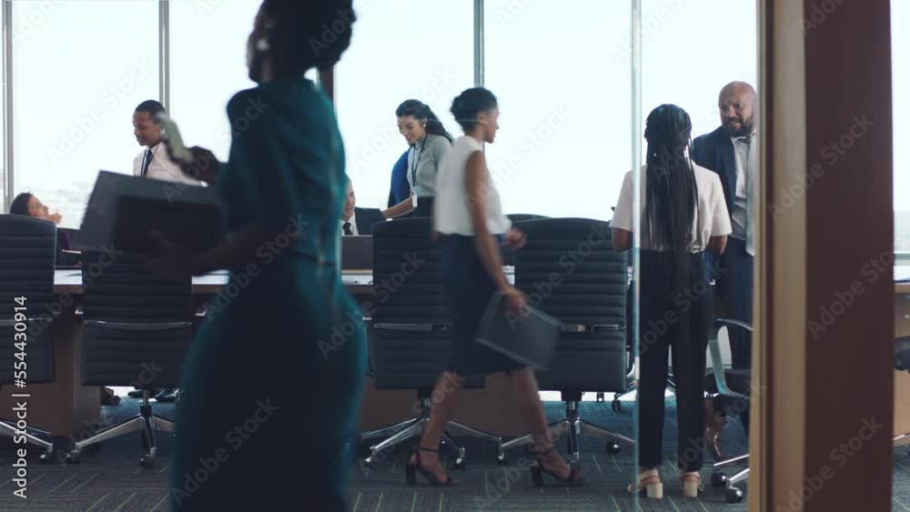 Business people, office and meeting in boardroom, conversation or group for finance, budget or seminar. Business meeting, diversity and staff in modern office, planning or teamwork for team strategy