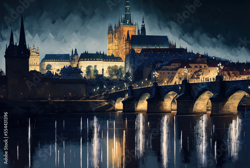 Nighttime views of the Charles Bridge and Vltava River in Prague, Czech Republic. Generative AI