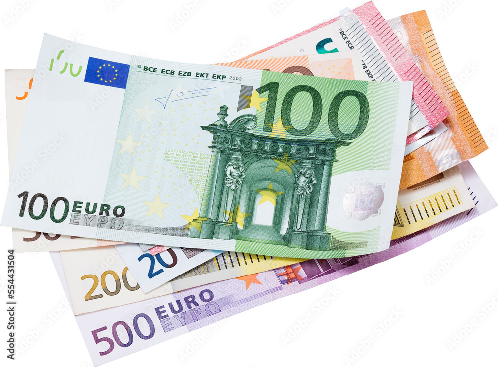 All euro banknotes on white background. Perfect content with money to create business concepts, economic and financial news.