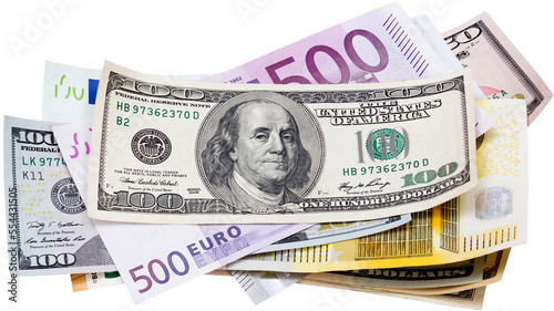 100 dollar and euro banknotes isolated on white background. Perfect content with money to create business concepts, economic and financial news.
