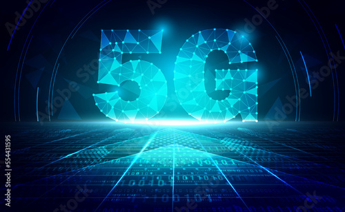 5G network wireless internet Wi-fi connection abstract background, Digital technology network blue green background binary code, abstract tech big data communication, High speed broadband vector 3d