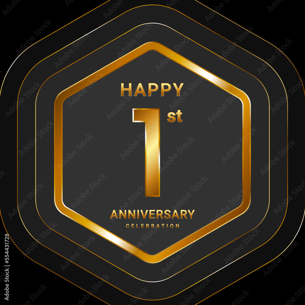 1st Anniversary. Golden Anniversary With Hexagon Style For Celebration Event. Logo Vector Illustration